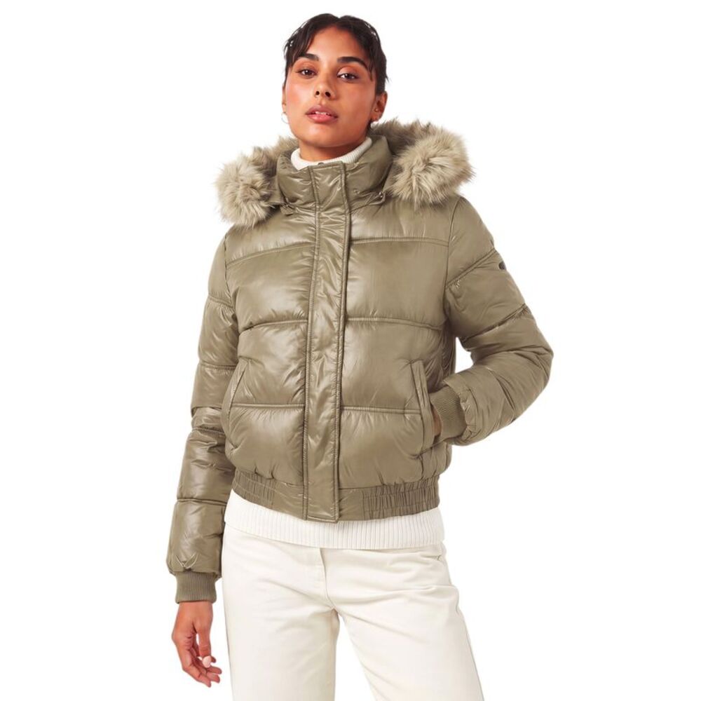 Women Faux Fur Trim Hooded Cropped Puffer Jacket Khaki